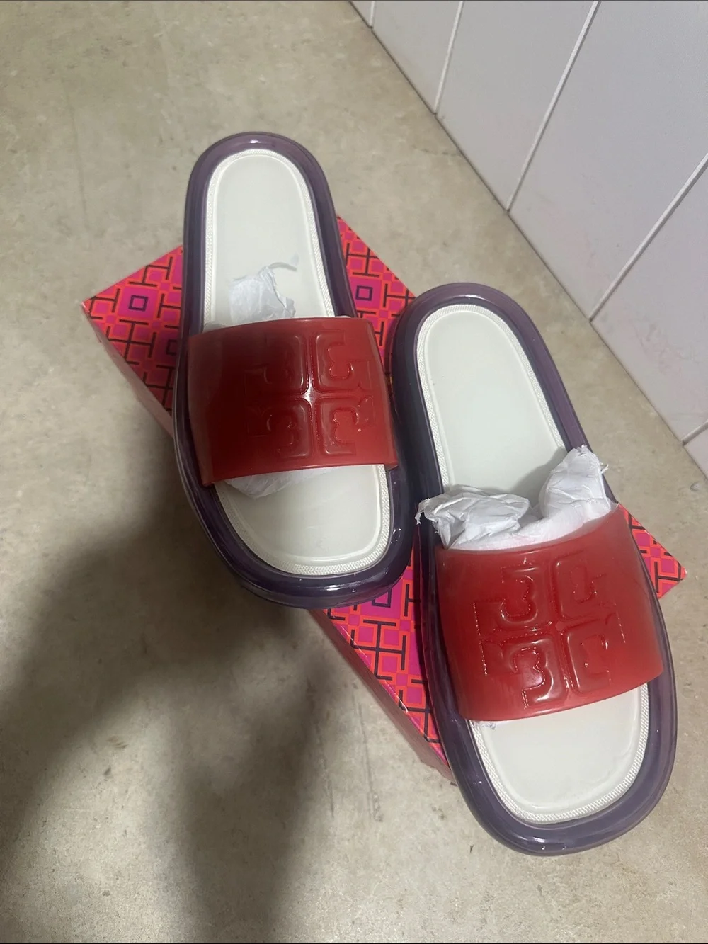 Tory Burch Red Slide Sandals with Purple Platform
